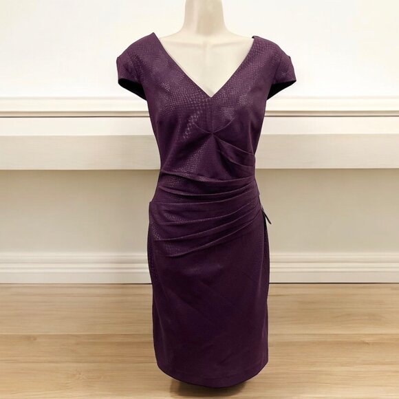 Adrianna Papell Purple V-Neck Ruched Sheath Dress Size 10 - Picture 2 of 11